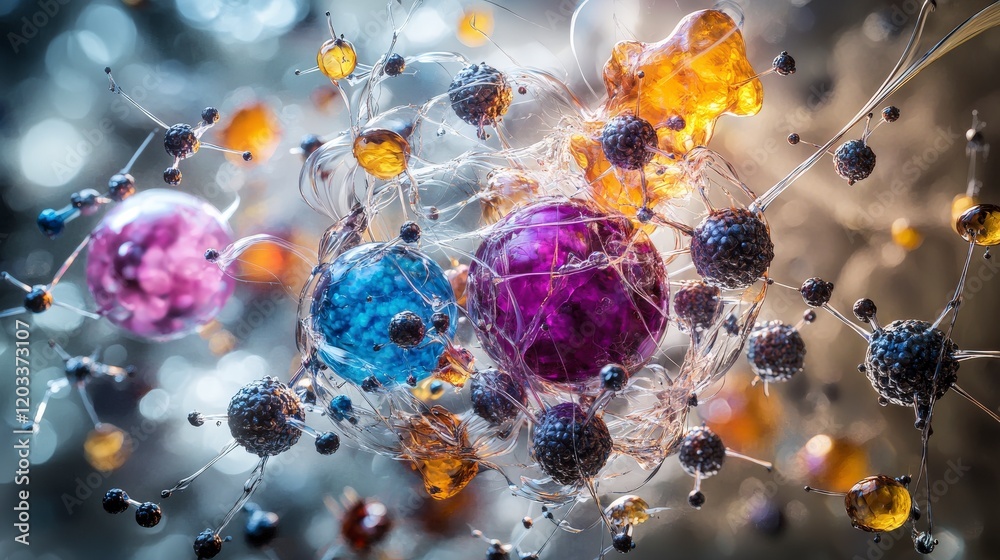 Poster exploring atomic energy dynamics in science laboratory digital art abstract environment macro viewpo