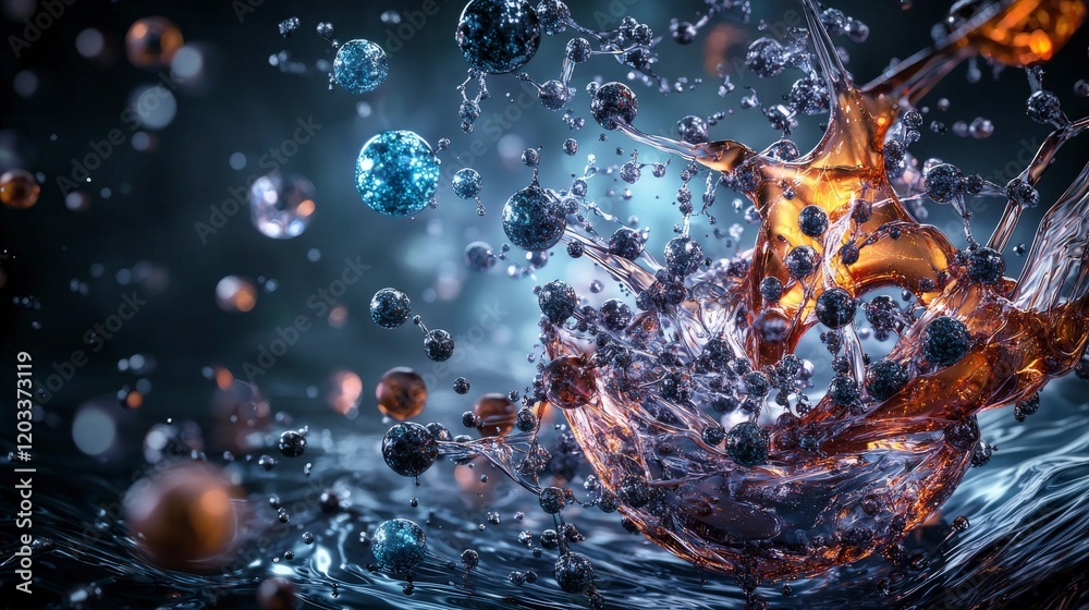 Poster energy within atoms creating life stories abstract water splash digital art dark environment close-u