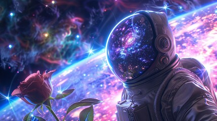 A single rose sprouting from an astronaut helmet in space, surrounded by swirling galaxies and luminous nebulae, rendered in hyper detail with volumetric lighting