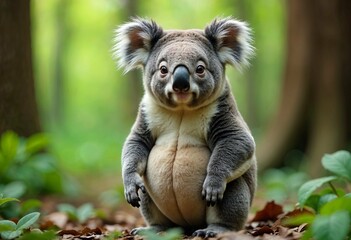 Chubby koala resting on a tree branch in a lush green forest. Wildlife nature concept