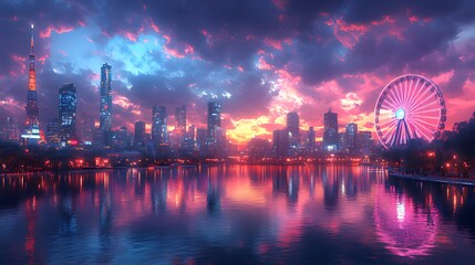 Cityscape sunset, Ferris wheel, reflection, lake, vibrant sky, digital art, urban, fantasy