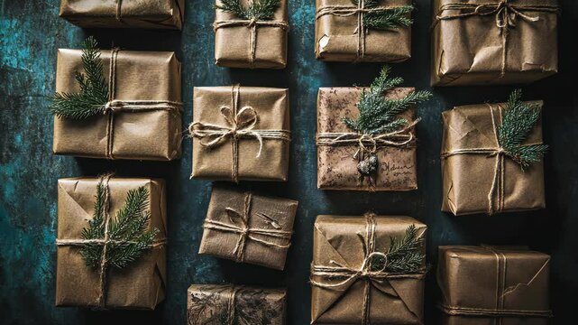 Beautifully wrapped gifts with natural decorations arranged on a dark blue background for a festive celebration