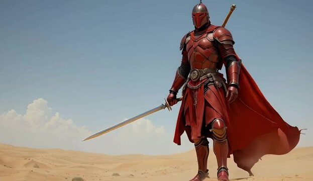 A red knight in desert armor, standing boldly while holding two swords, exuding valor and strength
