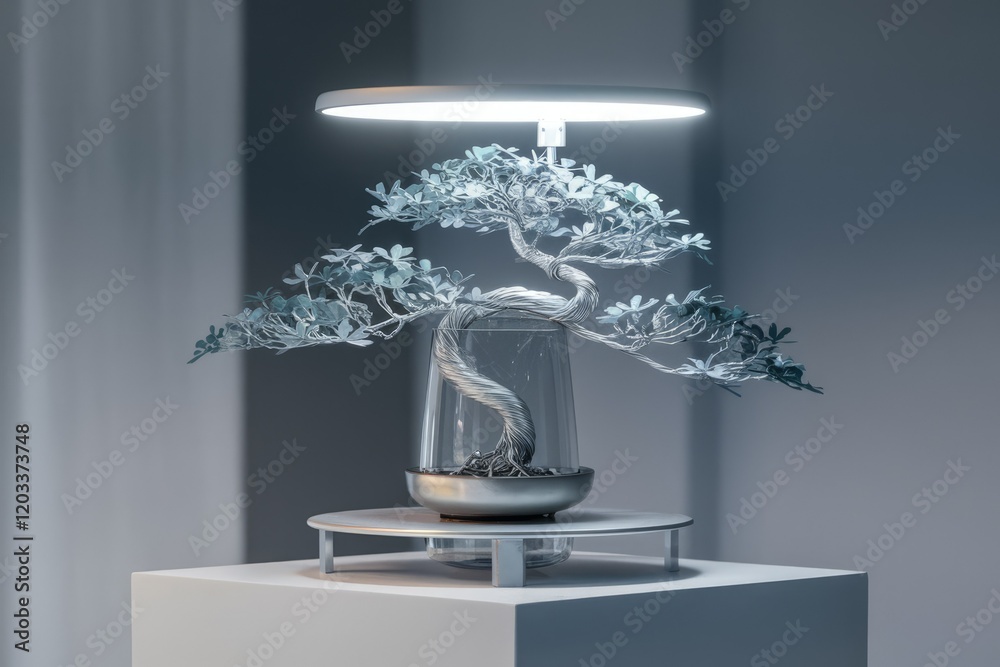 Aufkleber a minimalist silver bonsai tree illuminated by a sleek, modern light fixture, creating a serene and 
