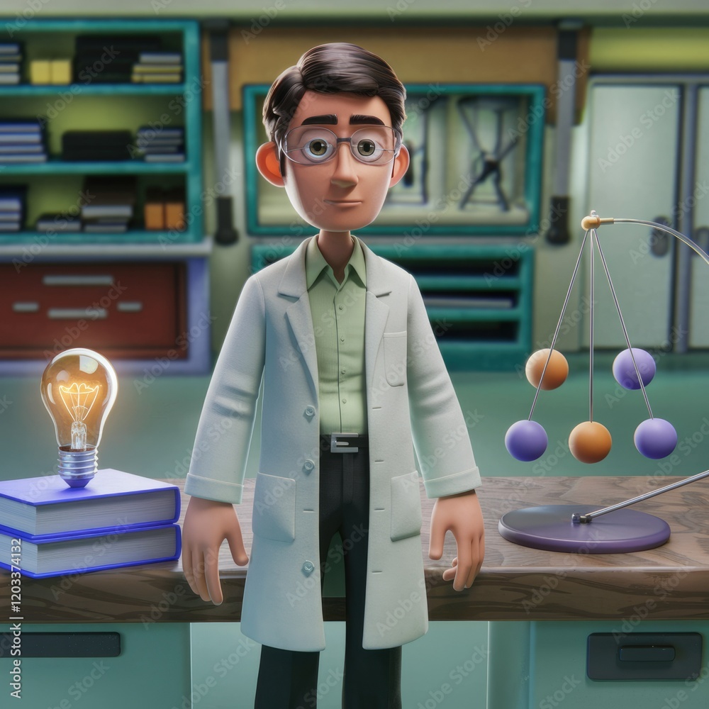 Poster A 3D animated scientist stands in a lab, near books and a Newton's cradle, symbolizing knowledge and discovery.