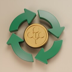 Gold coin with a tree-like symbol surrounded by green circular arrows symbolizing circular economy or sustainable finance.