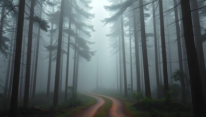 Obraz premium Enigmatic Path Through a Foggy Forest