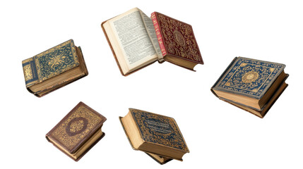 Image of an antique leather-bound book with a vintage design on a white background