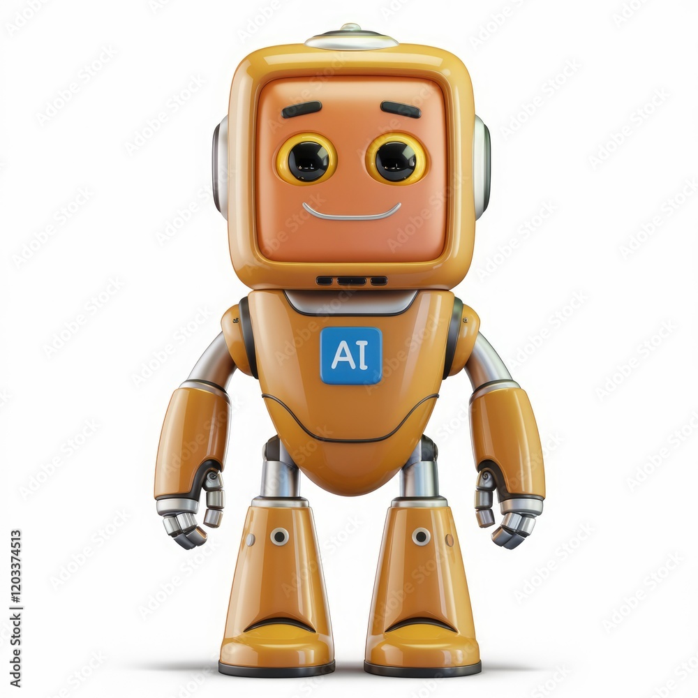 Poster a cute, orange ai robot with a smiling face, showcasing artificial intelligence.