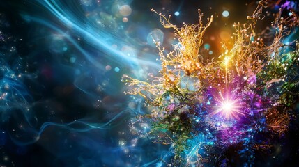 Obraz premium Exploring living energy connections with memories in a cosmic landscape of color and light abstract art digital realm