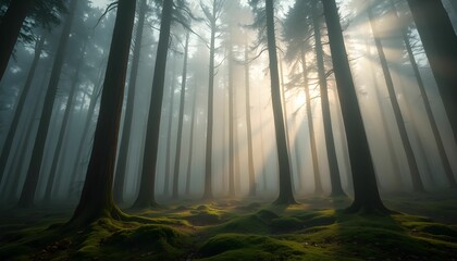 Naklejka premium Enchanted Forest: Sunbeams through Misty Woods