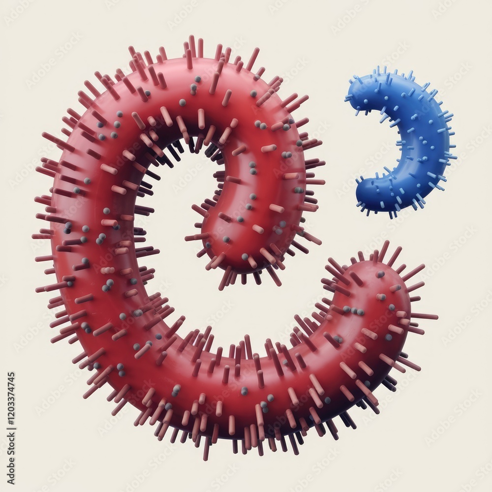 Poster Abstract 3D rendering of two spiral shapes, one red and one blue, with spiky textures.