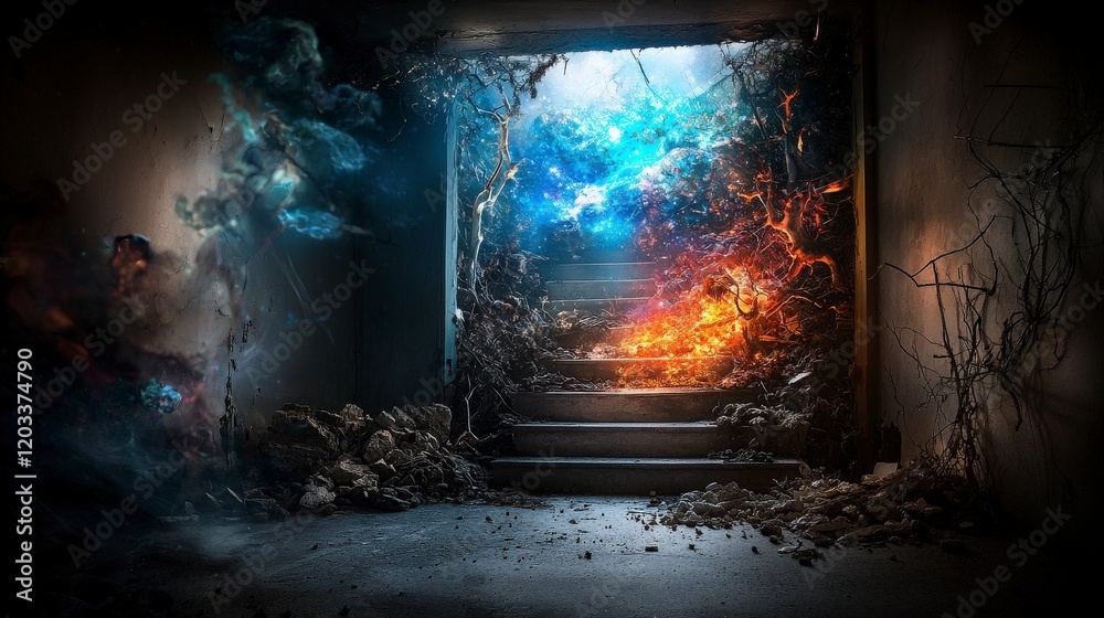 Poster Exploring in-between spaces a journey through realities abandoned building digital art surreal environment dramatic viewpoint