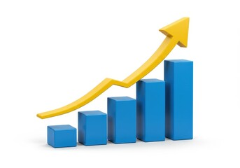 A 3D illustration of a blue bar chart with four increasing bars accompanied by a bold yellow upward arrow