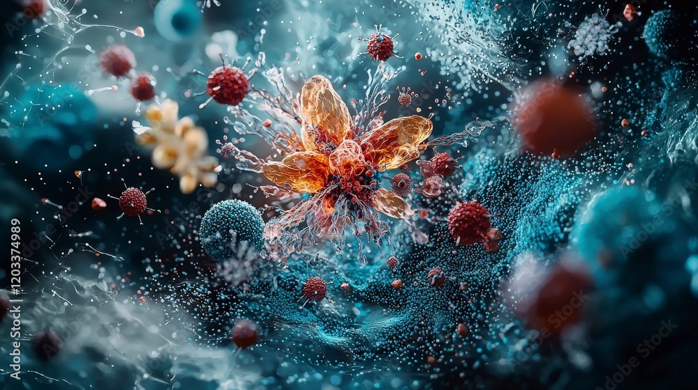 Poster Visualization of microscopic universes exploring cellular life through stunning digital art and abstract concepts