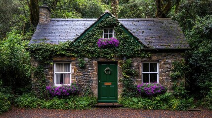Fototapeta premium Ivy-covered stone cottage in forest; serene nature scene; ideal for travel brochures