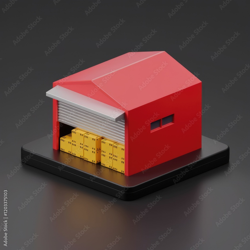 Poster A red warehouse with a roll-up door, containing stacks of yellow cardboard boxes.