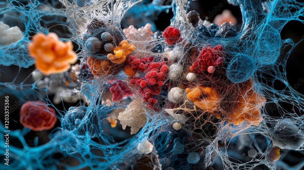 Poster Exploring microbial worlds overlapping dimensions in biological structures science lab digital art abstract environment