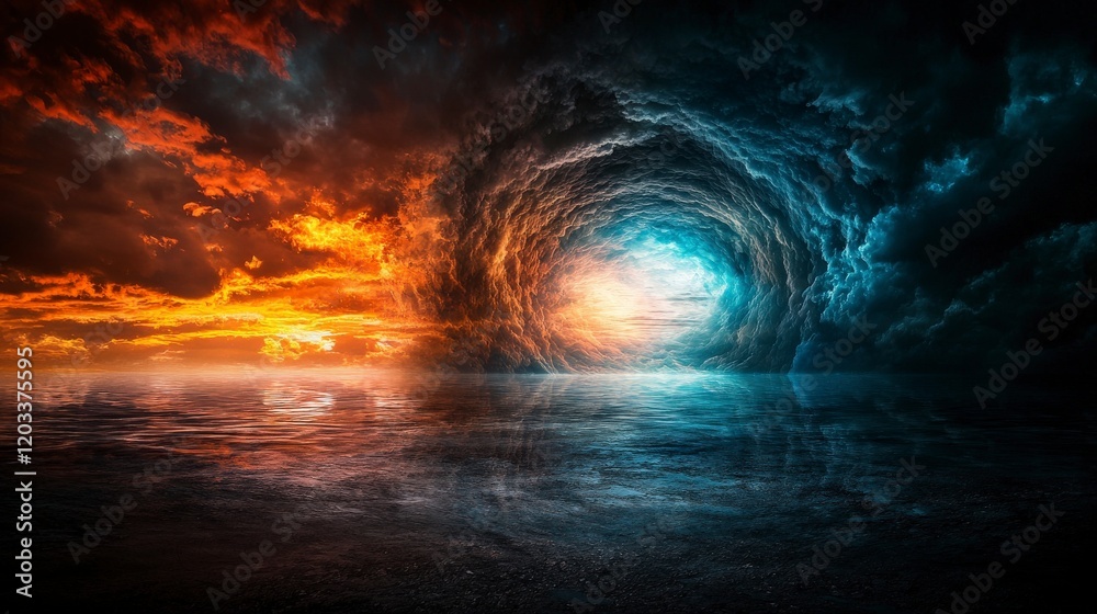 Aufkleber ethereal waves of time and space ocean horizon digital art surreal environment wide angle perception