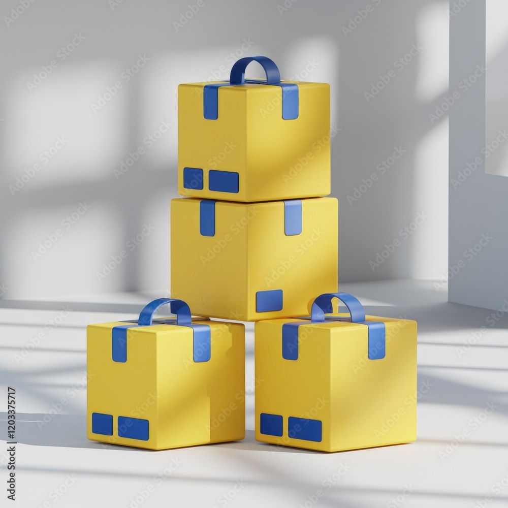 Poster A stack of three yellow boxes with blue handles, symbolizing delivery or shipping.