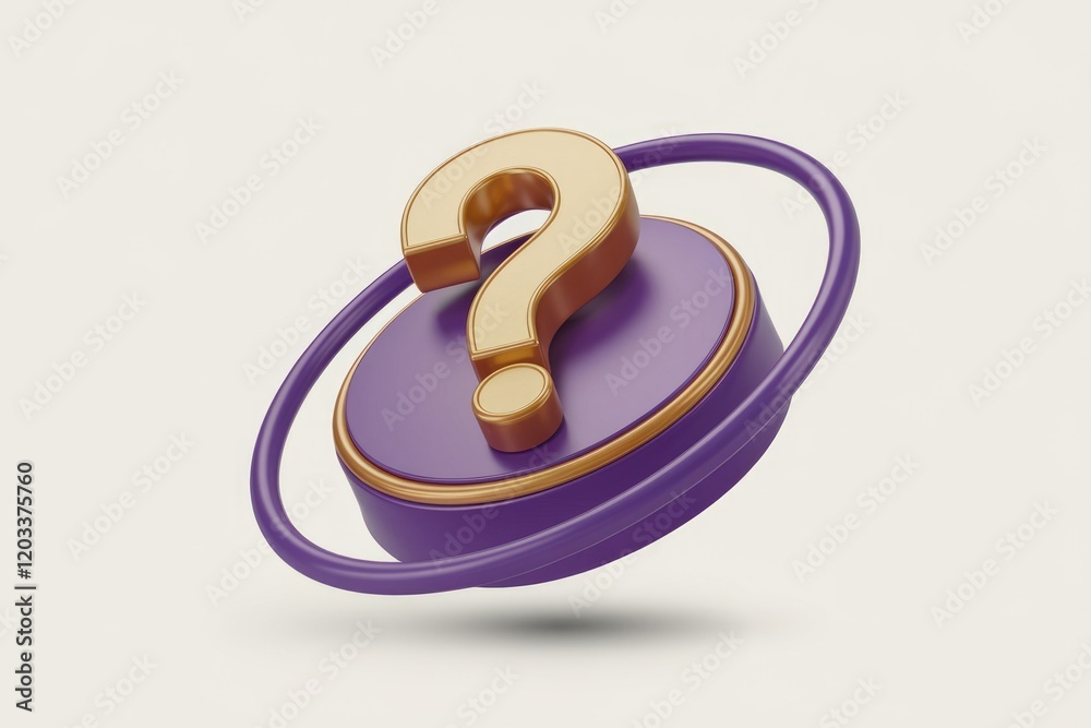 Aufkleber A 3D rendered golden question mark on a purple circular platform, symbolizing inquiry and uncertainty.