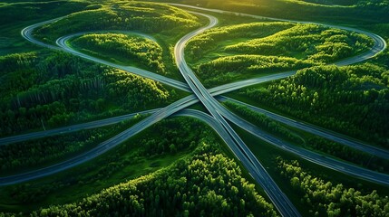 Highway Intersections Cutting Through Dense Forests, Highlighted by Vibrant Green Tones and Cinematic Natural Lighting