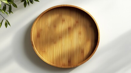 Round bamboo wooden tray with a smooth texture, placed on a simple white background