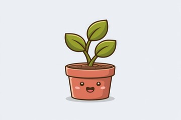 Fototapeta premium A happy cartoon plant with three leaves in a cute terracotta pot.