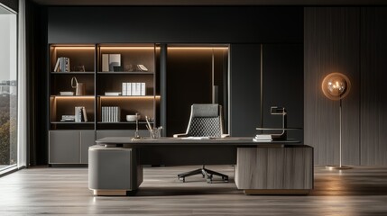 A modern office interior with a desk, chair, and shelving units against a dark wall on a wooden floor, concept of a corporate workspace.
