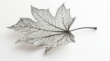 A single dried maple leaf, its veins intricately visible on a pristine white backdrop.