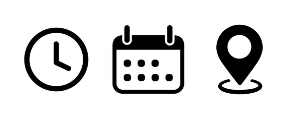 Time date address icons set. Address location icon. Stopwatch timer icon. Date Calendar icon. Black line and flat web icons.