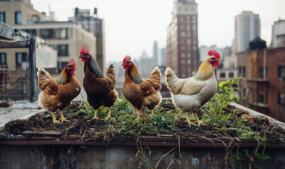 Urban farming with chickens in a rooftop garden cityscape urban gardening practices sustainable agriculture aerial view