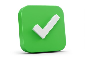 A 3D illustration of a white checkmark on a vibrant green square shaped button