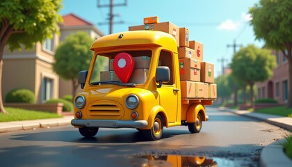 Colorful cartoon delivery truck filled with boxes, driving through a sunny neighborhood.