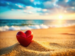 Fototapeta premium A ceramic red heart rests on a sandy beach, a symbol of summer love against the ocean's vastness.