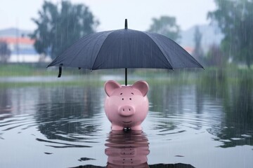 Piggy bank under umbrella in flood, symbolizing financial protection during crisis.