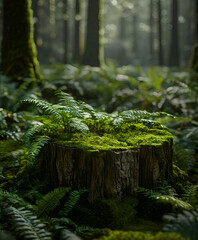 A tree stump in the middle of a dense fern forest, covered with moss. A ready-made background for perfume design