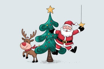 Santa Claus and a reindeer celebrate Christmas near a decorated Christmas tree.