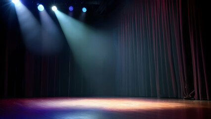 Minimalist empty stage setup with spotlight and curtains, perfect for creative event presentations.