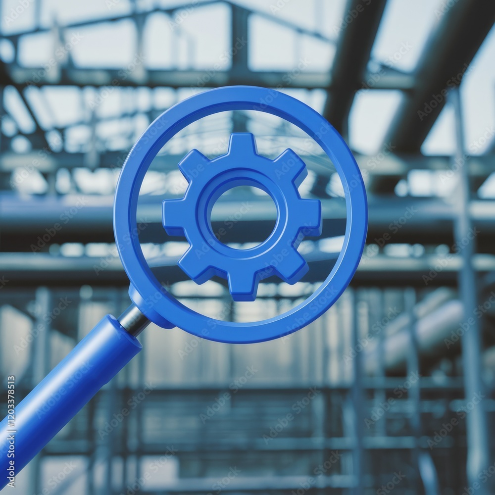 Poster a blue magnifying glass focuses on a gear, symbolizing process optimization and industrial efficienc