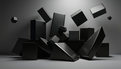 A dynamic arrangement of black geometric shapes on a grey background.