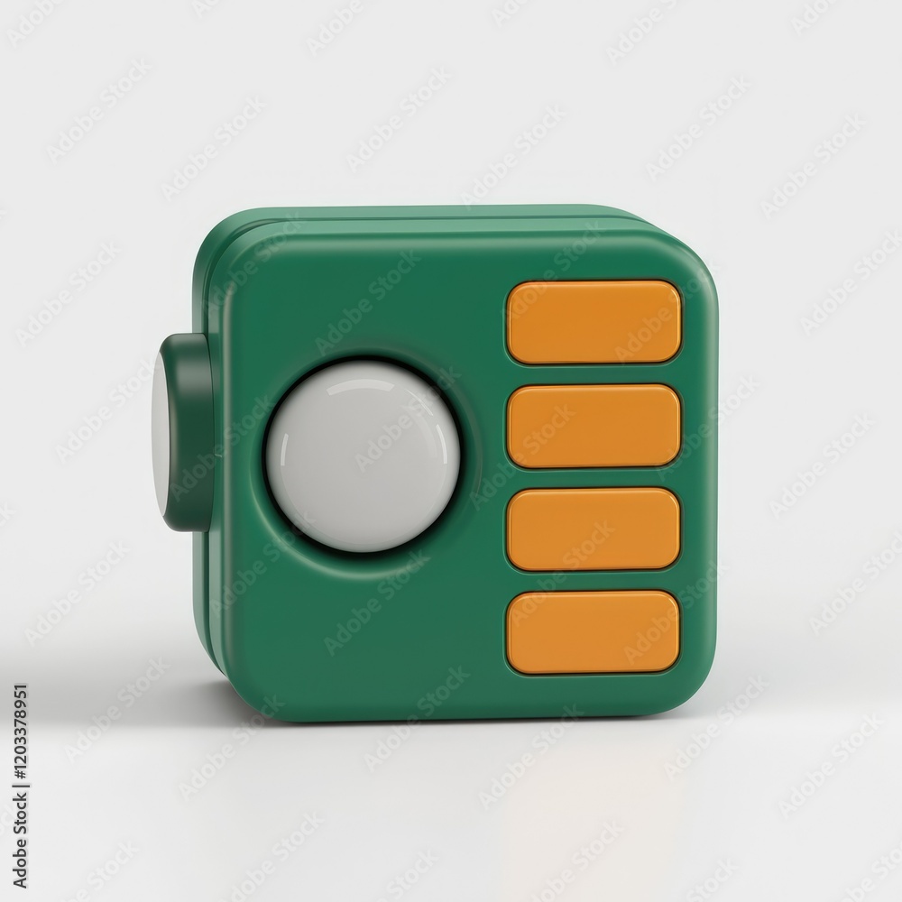 Poster a compact, green gadget with a central button and orange rectangular buttons.