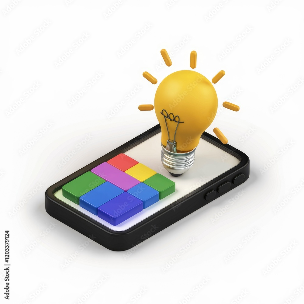 Aufkleber a bright idea for a mobile app, symbolized by a lightbulb and colorful blocks.
