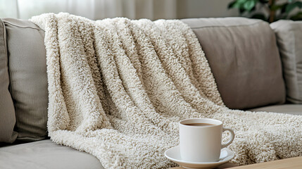 Cozy cream throw blanket on sofa, coffee nearby, sunlit living room, relaxation scene