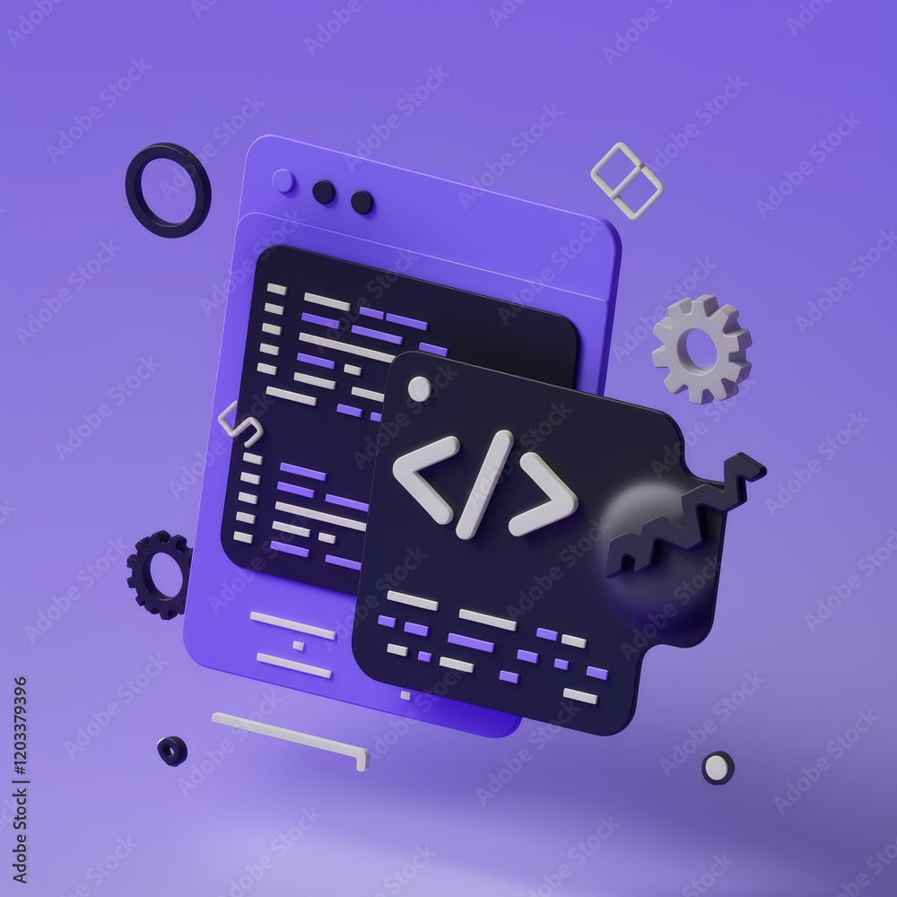 Poster 3D illustration of web development, coding, and programming concepts.