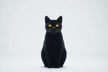 A sleek black cat with piercing yellow eyes sitting elegantly on a spotless white background.