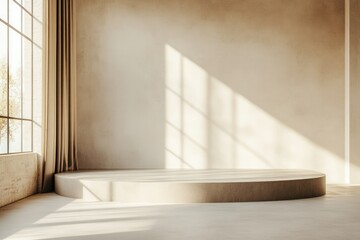 Minimalist interior with a circular stage illuminated by soft sunlight casting shadows through large windows in a serene environment