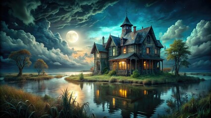 Obraz premium A haunted lakeside mansion, shrouded in darkness, whispers gothic secrets under the night sky.