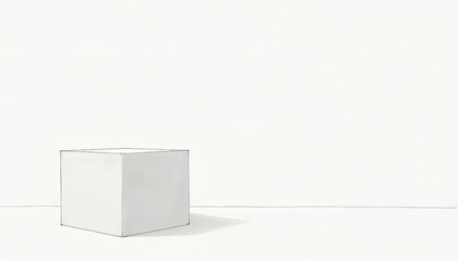 A minimalist white cube stands solitary against a blank backdrop.