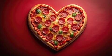 Fototapeta premium A heart-shaped pizza, vibrant red backdrop, AI-generated romantic food photography for Valentine's Day.